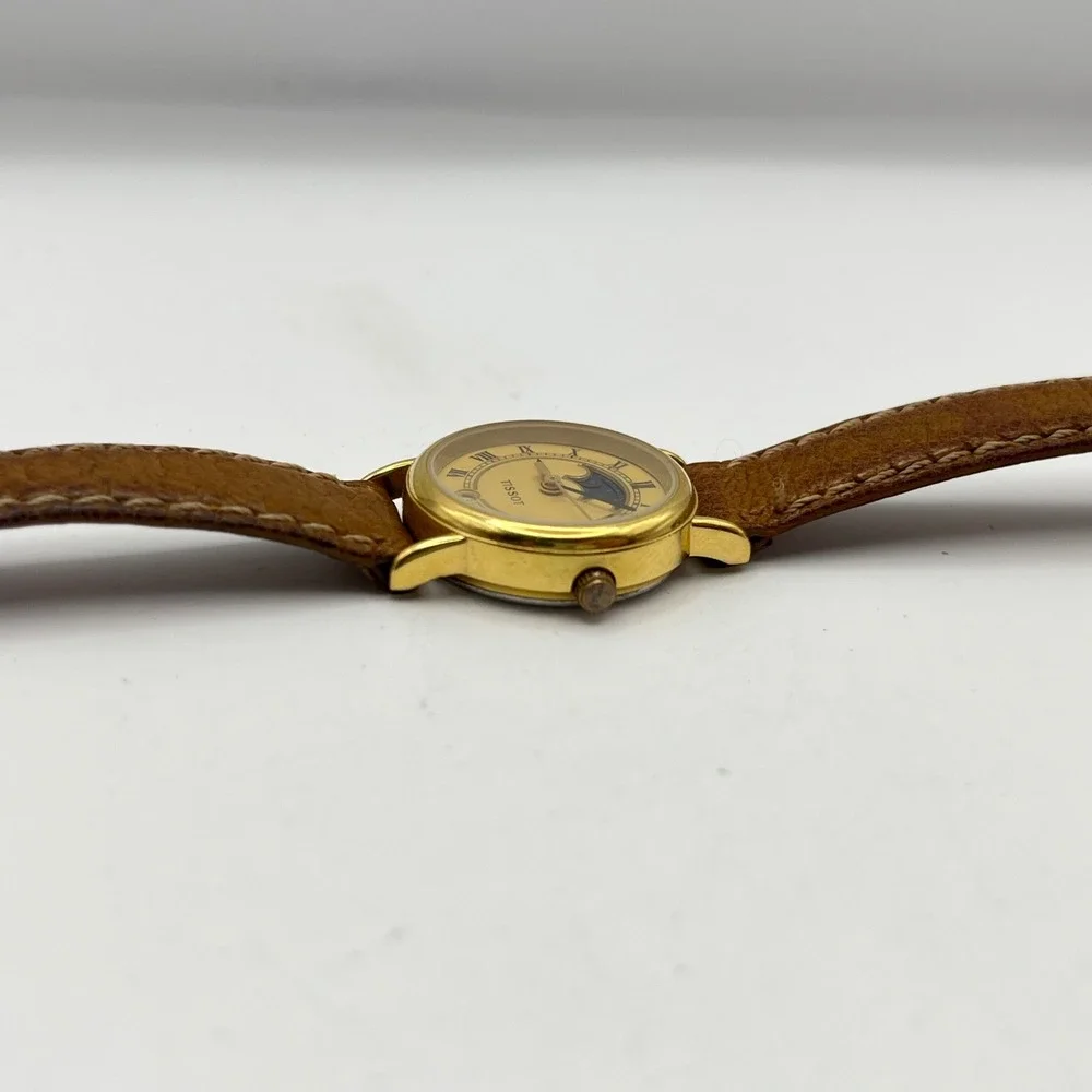 Tissot C220 Moonphase Watch Date Gold Tone Roman Numeral Brown Leather Strap